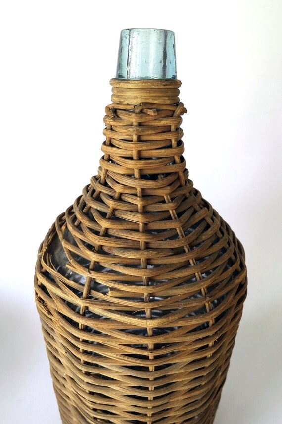 Wicker Wrapped Bottle, Tall Demijohn Wicker Covered Green Glass Bottle