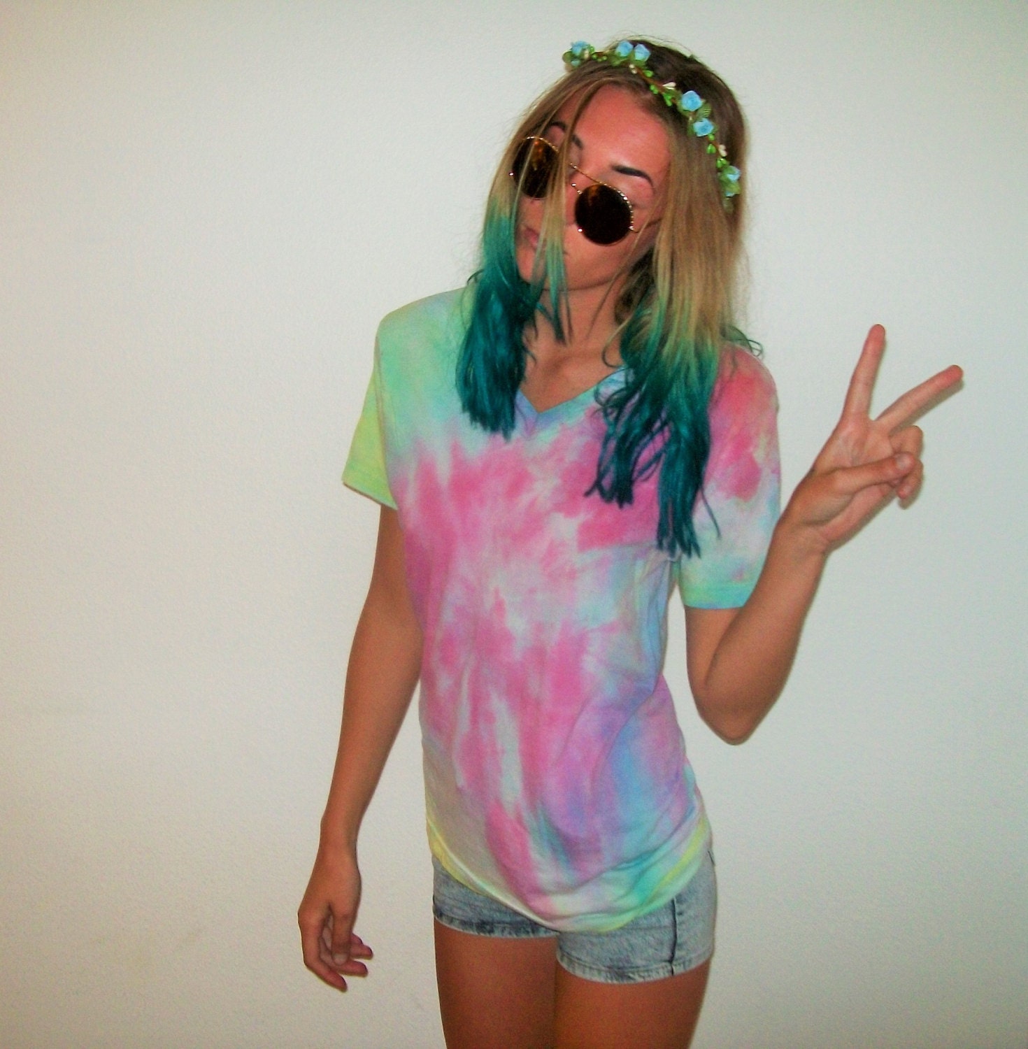 Vintage 90's tie dye pink and green grunge t shirt by WeLoveThe90s