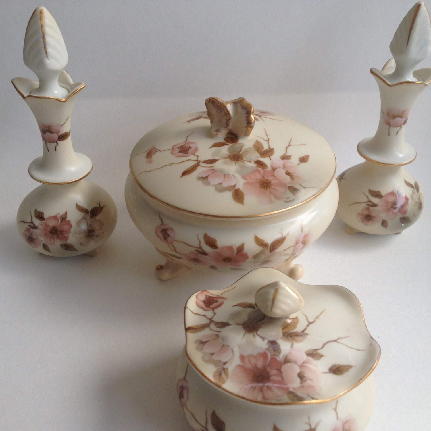 Vintage Nippon Dresser Vanity Set Hand Painted Cherry Blossom
