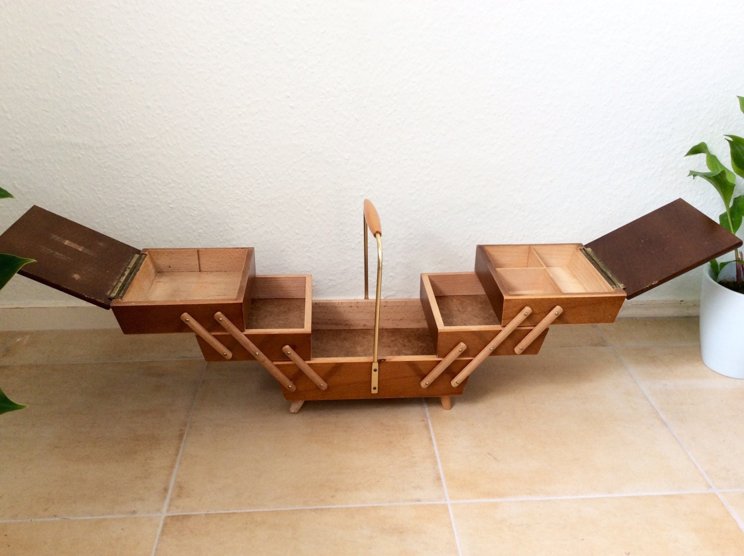 Sewing Box accordion Wood Basket knitting Mid Century