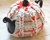 Cabled Tea Cosy / Crochet Teapot Cozy / Red, White & Taupe
