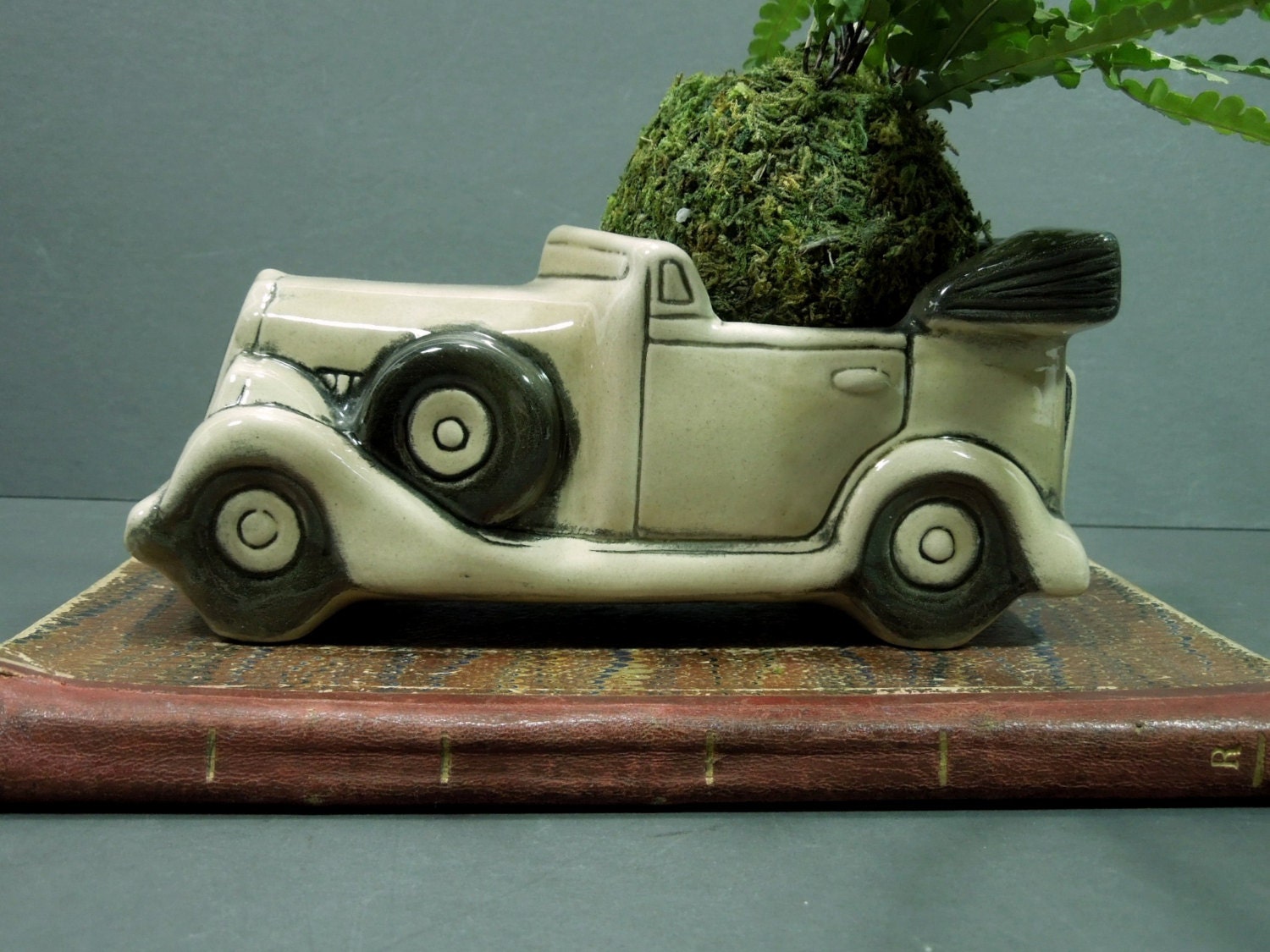 Vintage Classic Car ceramic planter in tan and brown.