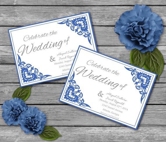 Wedding Invitation Template Blue Floral Word Document