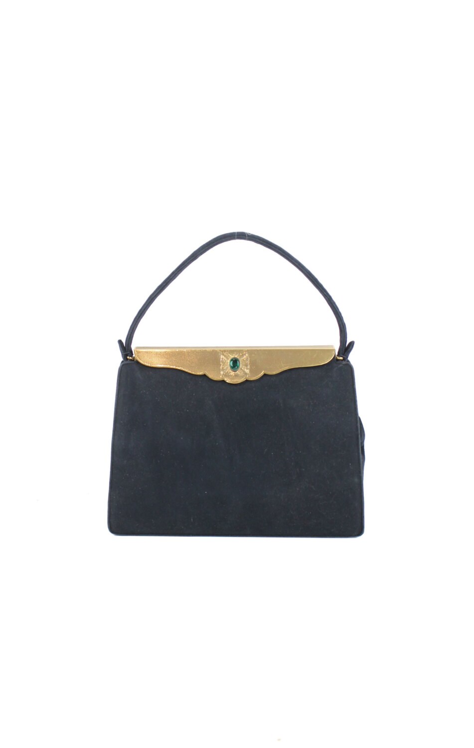 40s Black Cocktail Bag Handbag Nubuck Leather Emerald Jewel Gold Frame ...