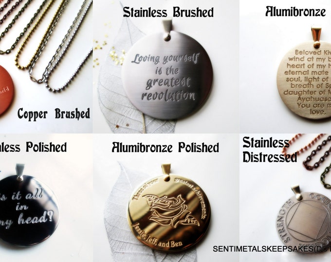 Customizable Medium 1.25" stainless engraved medallion pendant add your phrases & personalize me