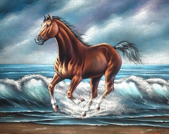 Brown horse beach landscape black velvet oil painting handpainted signed art