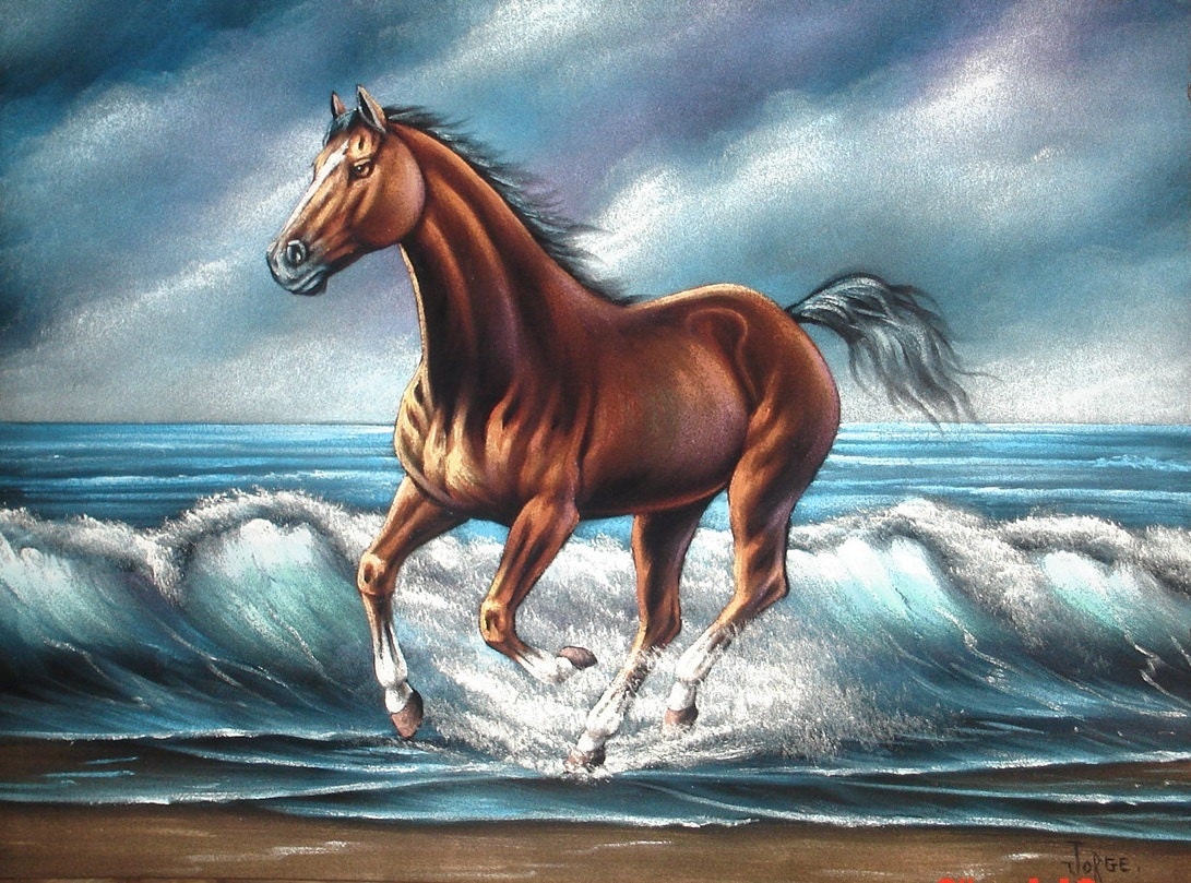 Brown Horse Beach Landscape Black Velvet Oil Painting