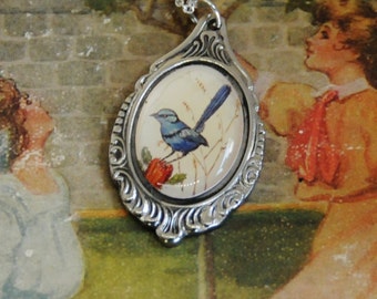 bird necklace, wren necklace, vintage necklace, blue bird necklace