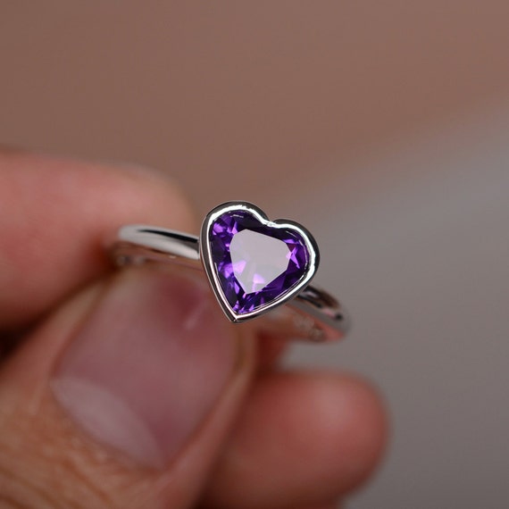 Natural Purple Amethyst Ring Heart Ring Bezel Setting Promise