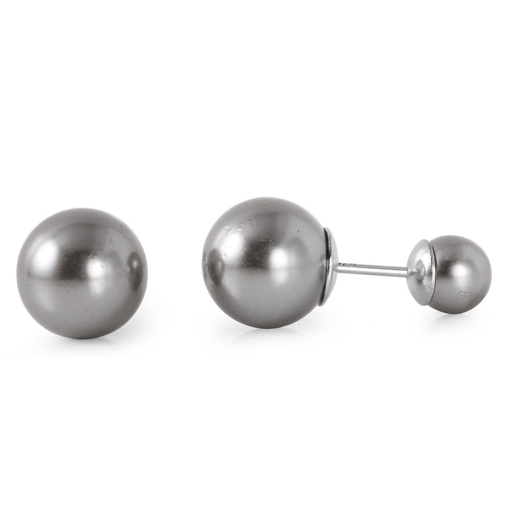 sterling silver gray ball earrings Double Sided Pearl Post