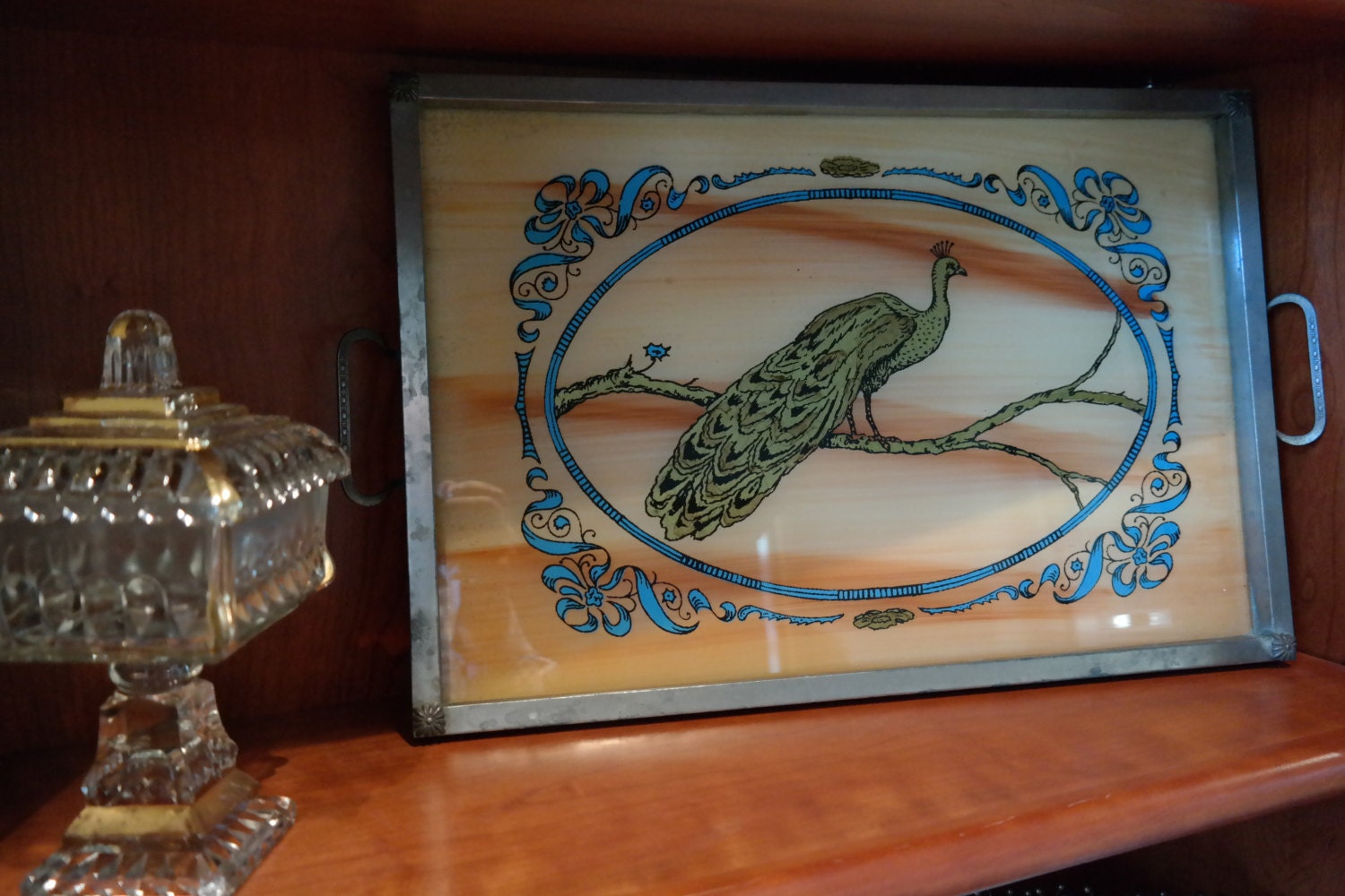 Vintage Cocktail Serving Tray Gold Peacock Reverse Painted Glass Haute Juice