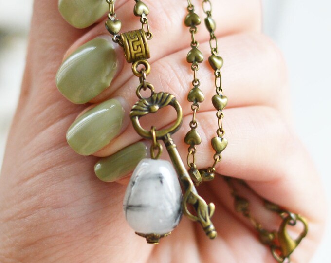 The key to the Heart // Pendant Key from metal brass with natural agate stone // Love // Retro, Vintage, Shabby