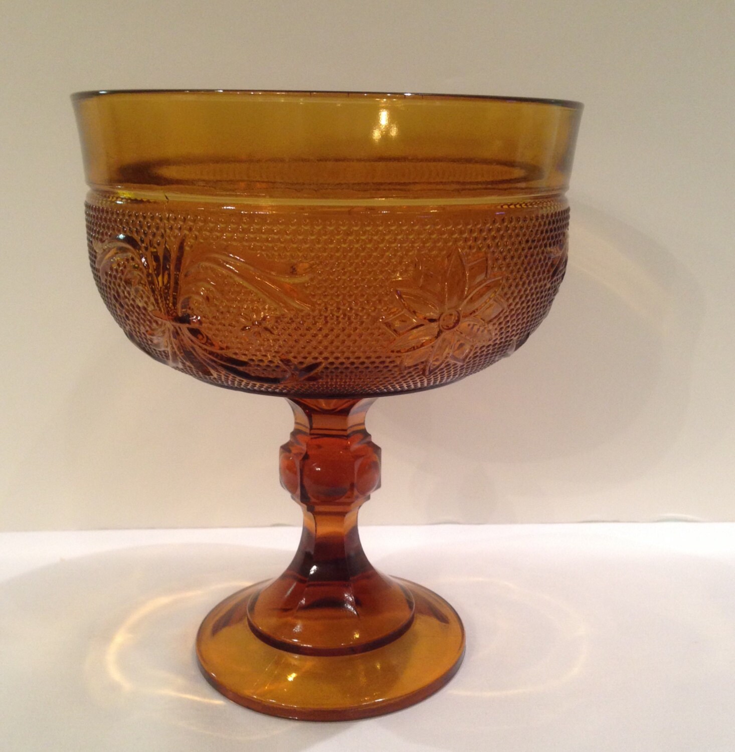 Tiara Indiana Glass Amber Sandwich Footed Compote, Vintage, Made In USA