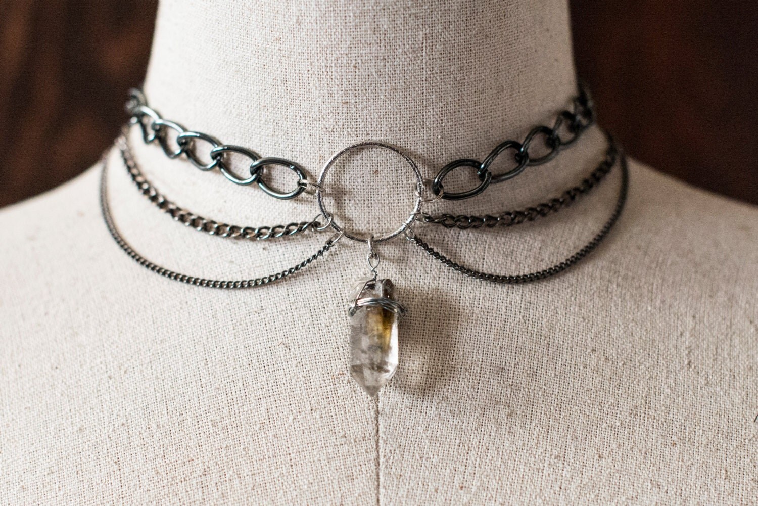 Crystal Quartz Choker With Silver Chain. Statement Necklace.