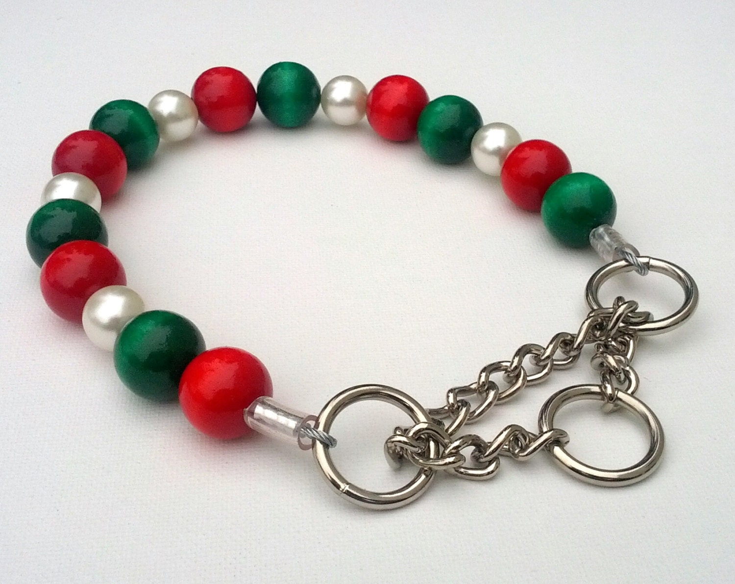 Christmas Red and Green wood Bead with ivory pearl Dog Collar