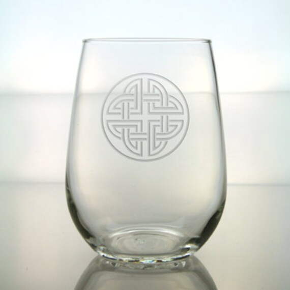 Celtic Wine Glass 4 / Etched Stemless Wine by GlassIslandDesigns