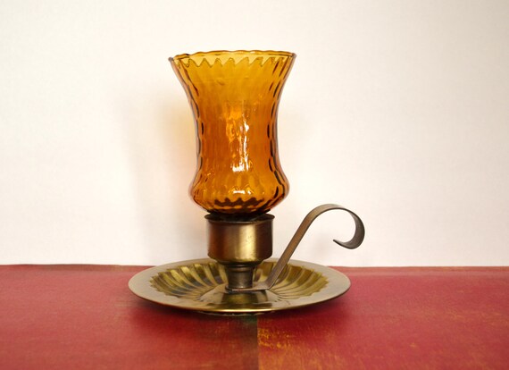 Vintage HOMCO Brass Metal Candle Holder With Glass Amber Votive