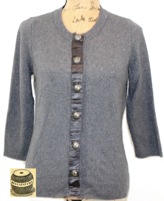Grey wool cardigan sweater with satin ribbon embellishment and