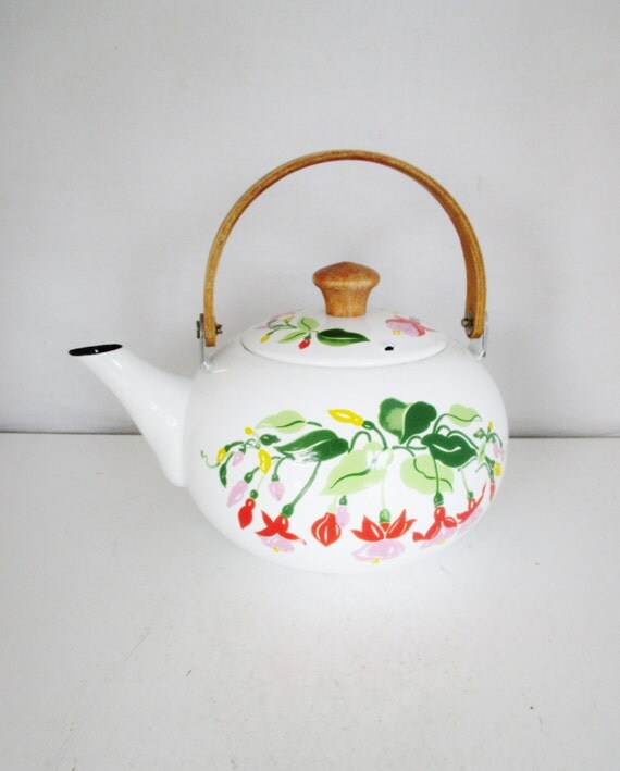 Teapot Mid Century White Enamel Teapot with Wood Handle and