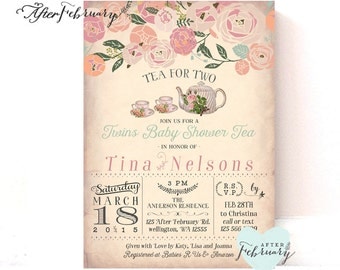 Twins Baby Shower Invitation Tea Party Invite - Tea for Two - Vintage Peach Background - Tea Party Invite - Printable OR Printed No.888BABY