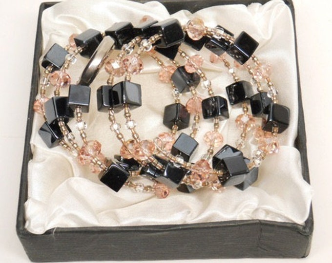 Storewide 25% Off SALE Vintage Artisan Designed Stunning Black & Pink Genuine Iconic Swarovski Crystal Bracelet Featuring Unique Five Coil W