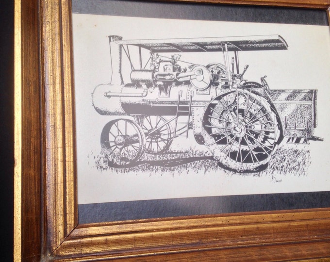 Storewide 25% Off SALE Original Artist Signed Black & White Lithograph Print Featuring a 19th Century Steam Engine Housed in Wooden Gold Ton