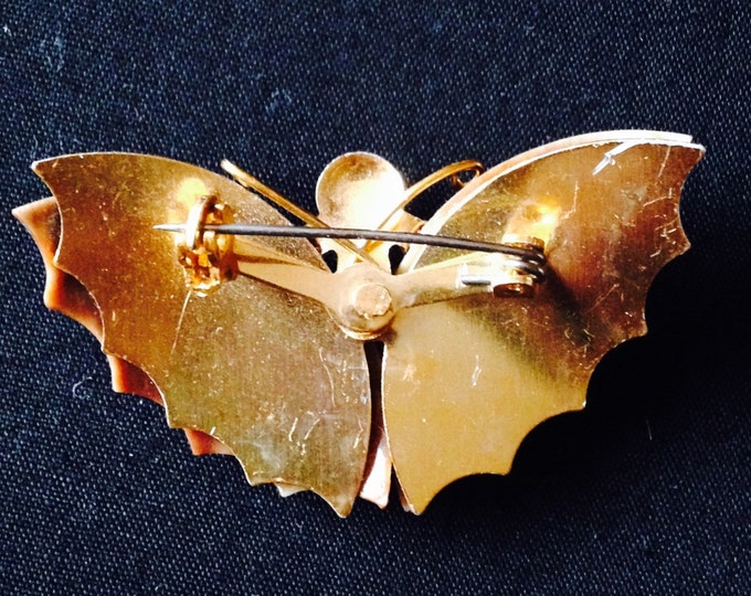 Storewide 25% Off SALE Enchanting Vintage Copper Tone Carved Seashell Butterfly Brooch Featuring Genuine Handcrafted Ocean Seashells