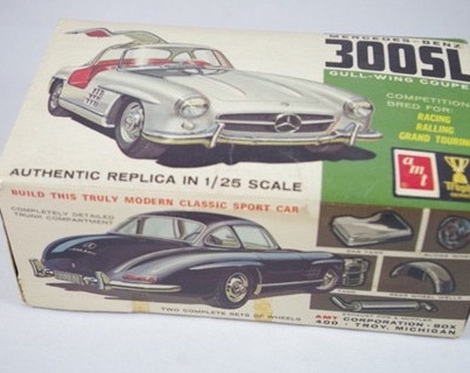 Storewide 25% Off SALE ATM 1/25th Scale Vintage Mercedes Benz 300SL Model Car Kit Featuring Genuine Brightly Colored Box Complete With All O