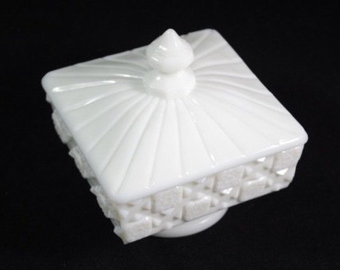 Storewide 25% Off SALE Vintage Cambridge Milky White Glass Covered Candy Dish Featuring Delicate Patterned Design And Ornamental Finial Lid