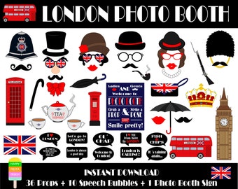 PRINTABLE London Photo Booth Props-Printable Photo Booth Sign-England,British,Travel Photo Booth Props-London Printables-Instant Download