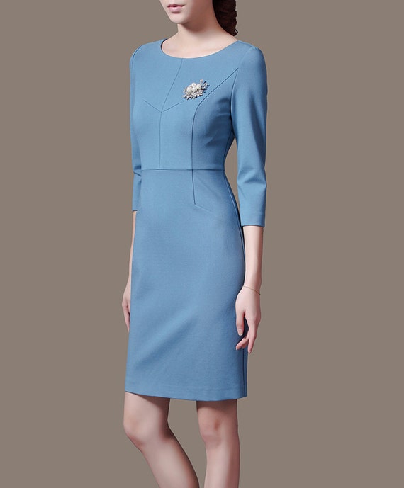 Custom Autumn Dress Office Dress Smart Work Dress Skyblue
