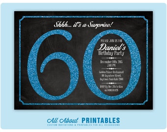 60th Birthday Invitation. 60th Bday Party. Blue Glitter Birthday Party Invite. Surprise Birthday. Chalkboard. Elegant. DIY Printable Digital