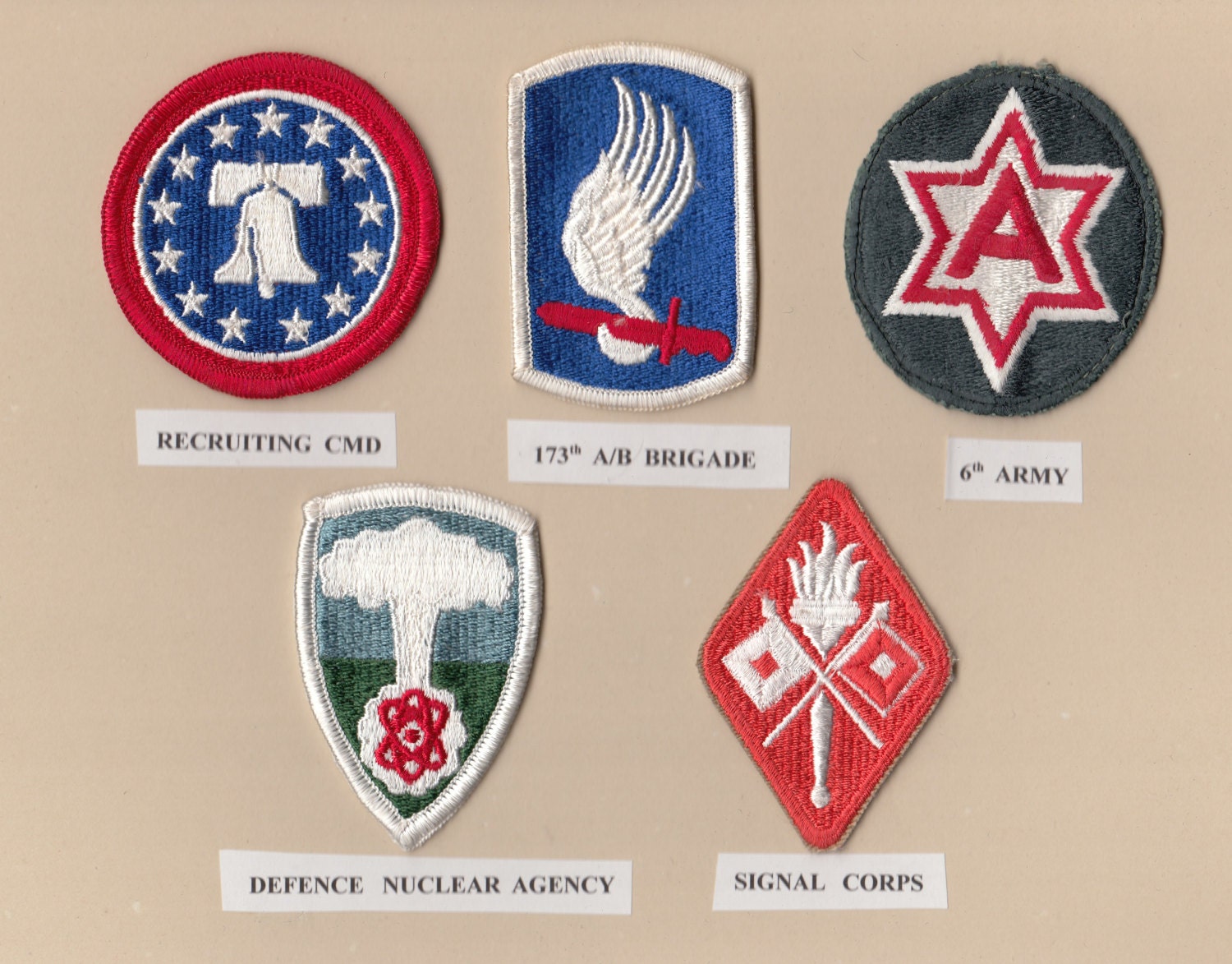 5 US patches: Recruiting Cmd 173th A/B Bde 6th Army Defence