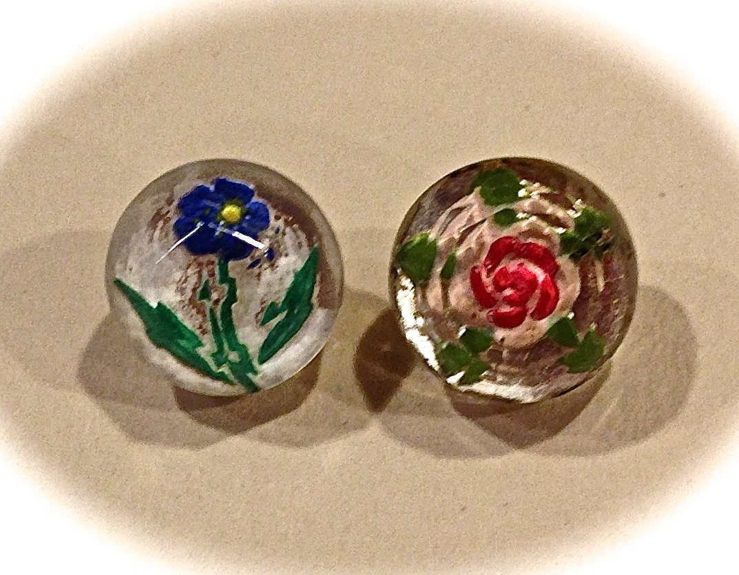 Antique Czech Paperweight Button Two Glass Flower Button