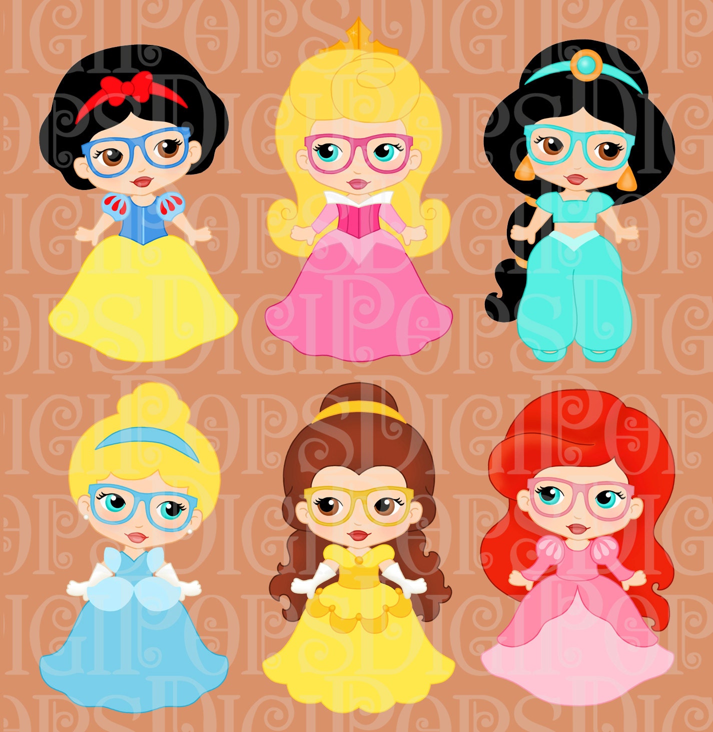 LITTLE PRINCESSES with GLASSES Digital Clip Art Set