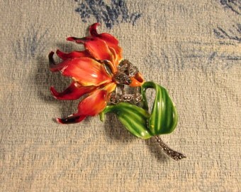 Vintage vibrant cold-painted lily-style flower with Marcasite detail