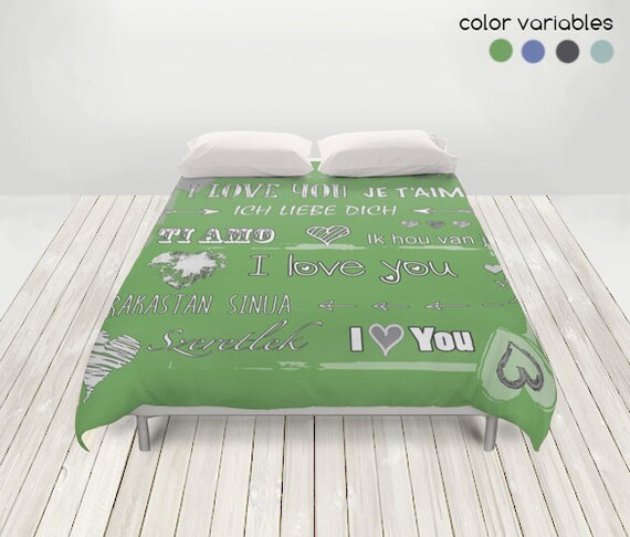 DUVET COVER, I love you quote bedding, green queen bedding, blue king ...