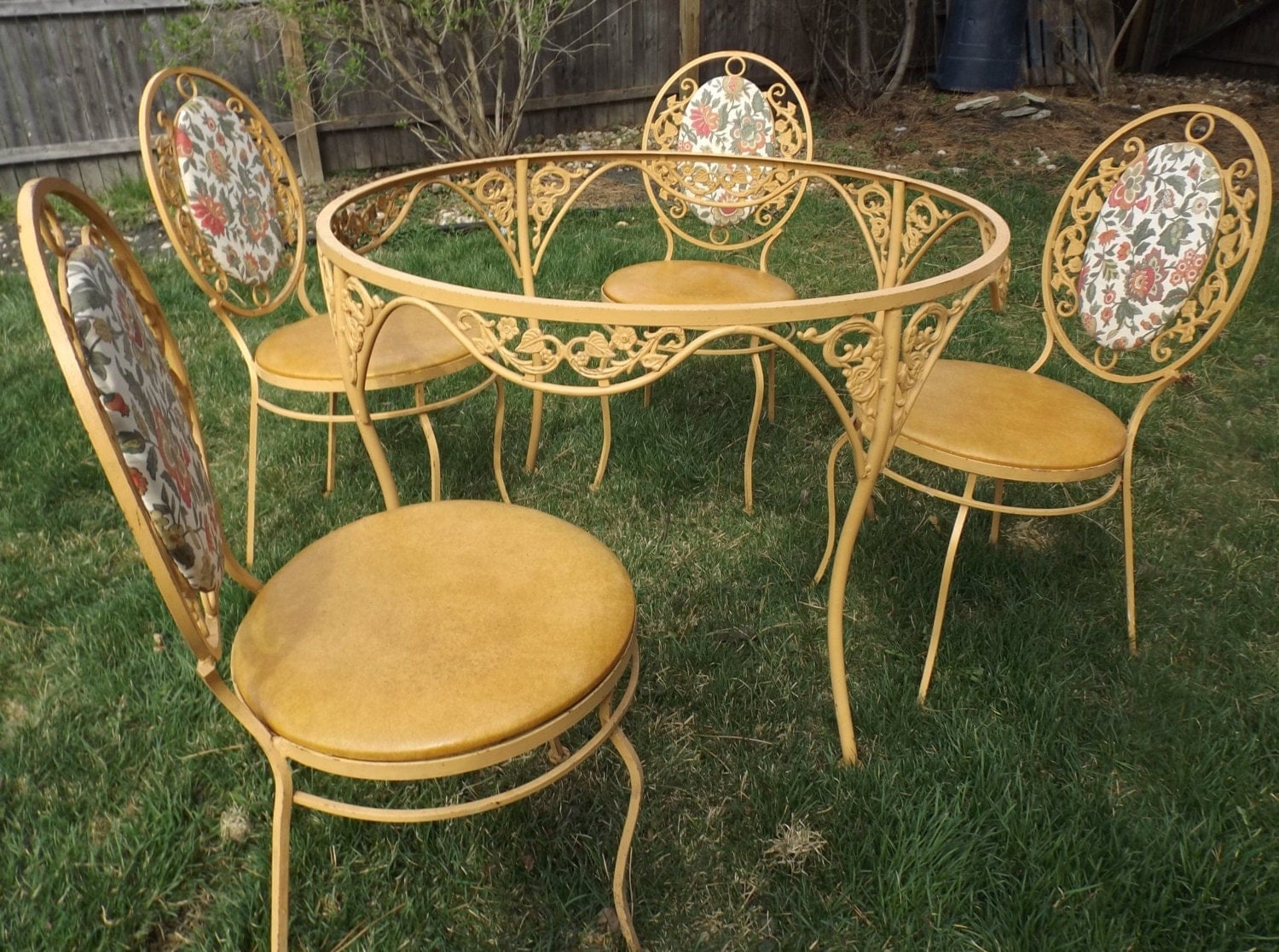 vintage-wrought-iron-warm-gold-yellow-patio-set-decorative-table-four