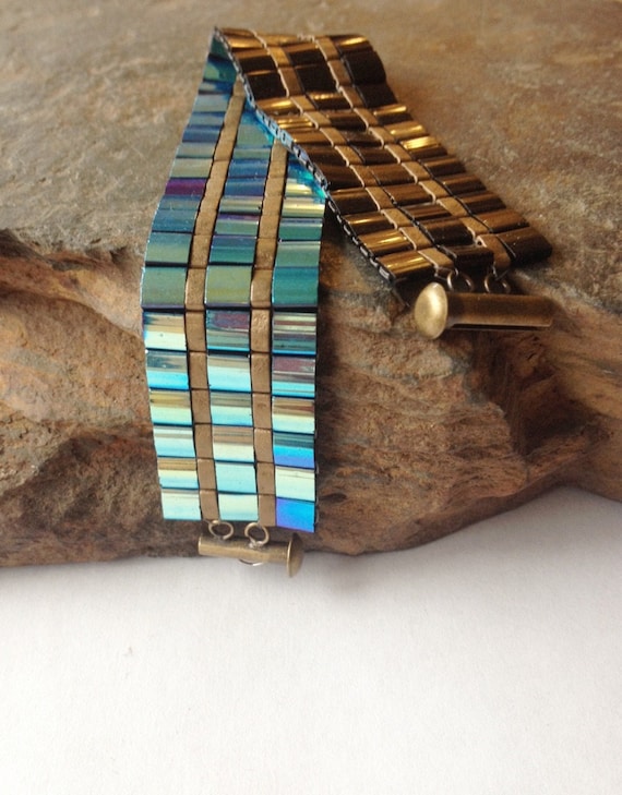 Rainbow Jet & Bronze Matte Tila Bracelet