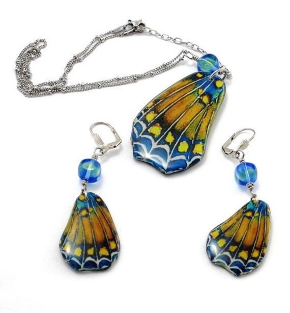 Blue & Gold Butterfly Wings Leverback Earrings by GlobalBrights