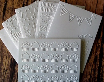 Assorted Birthday Cards, Set of 5, Embossed Birthday Card Set, Embossed Cupcake Birthday Cards, Birthday Card Assortment, Presents Card