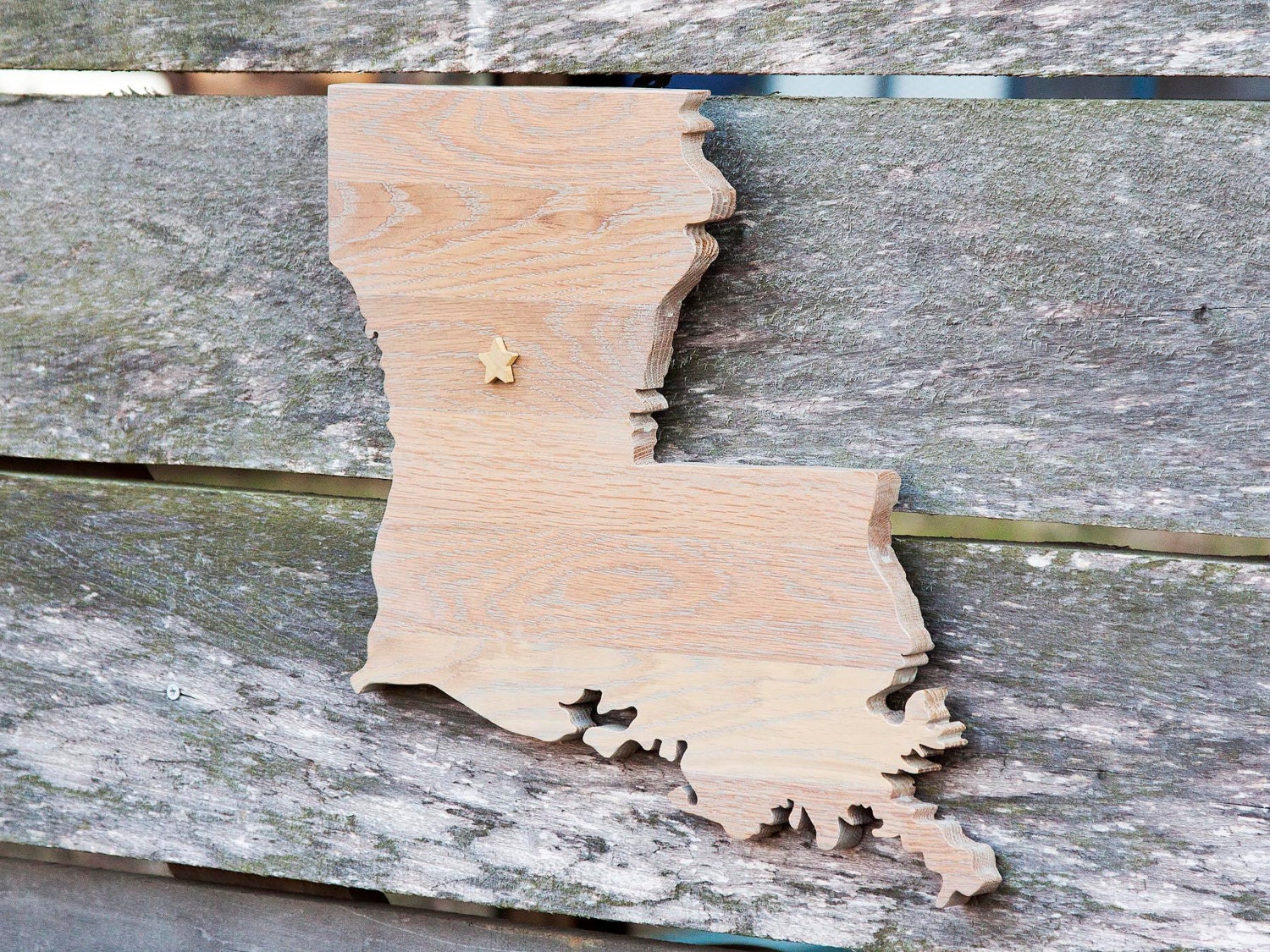 Louisiana state shape wood cutout sign wall art with star or