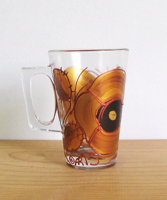Items similar to Hand Painted Glass Tea cup 8 1/2 oz Gold poppies