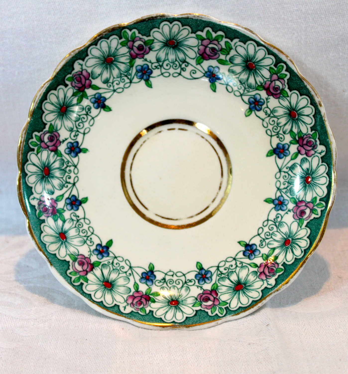 Rosina Bone China Made in England Floral Green Saucer