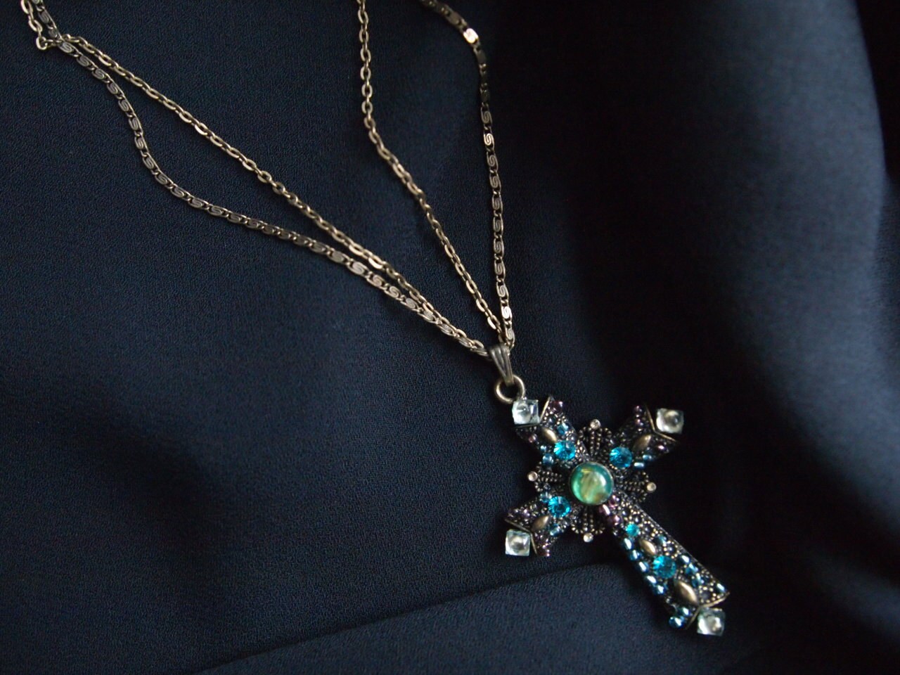 Vintage Rhinestone Cross Necklace with Double Chain
