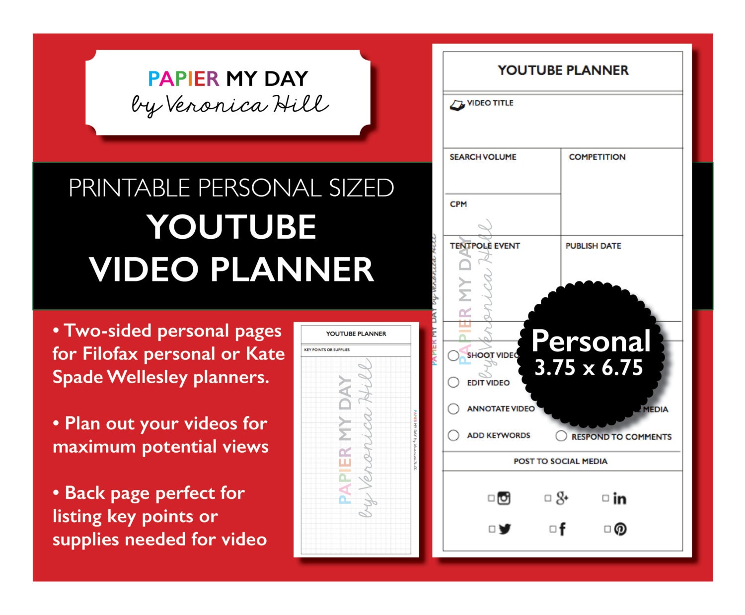 Filofax YouTube Video Planner Printable YouTube Planner for