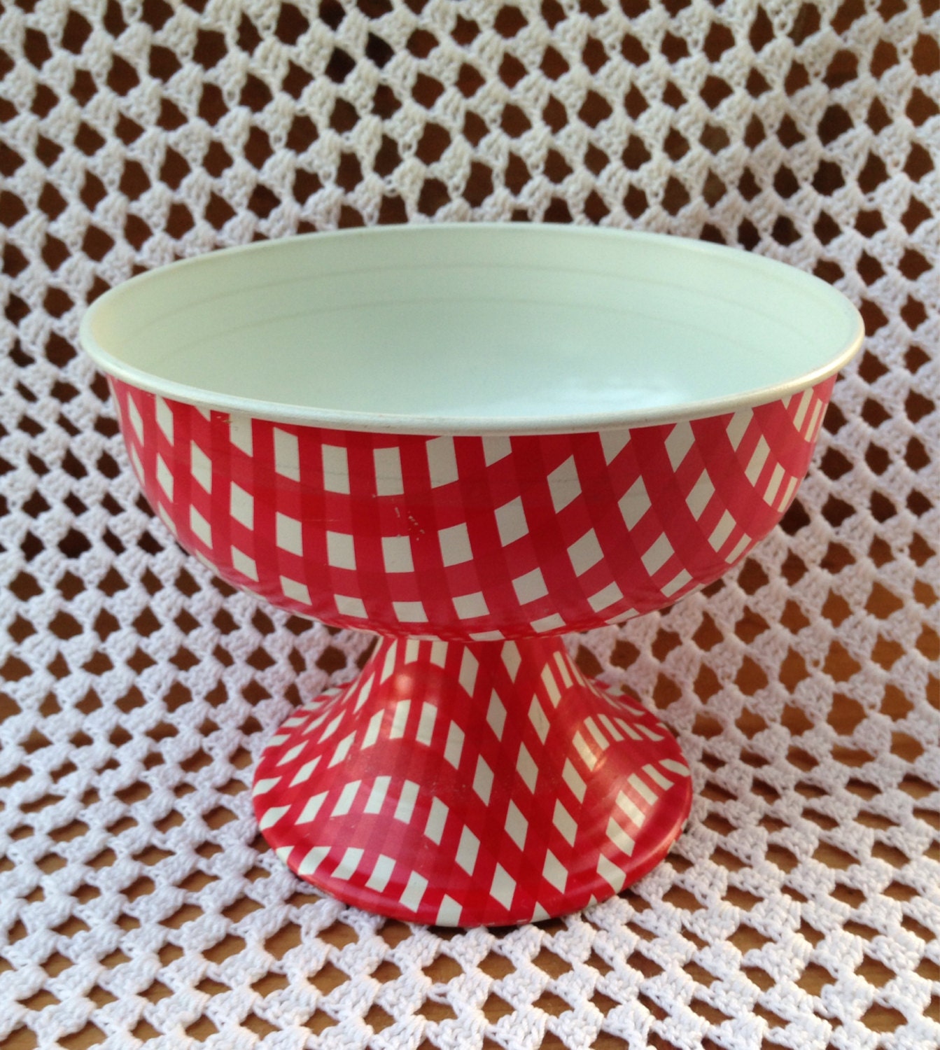 Vintage Red and White Pedestal Bowl Haute Juice