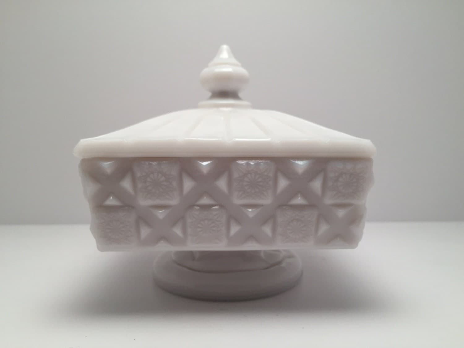 Vintage Square Milk Glass Pedestal Bowl With Lid by Boutiquity
