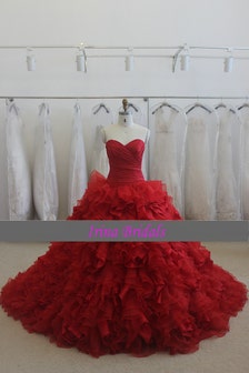 Luxury Special Style Sleeveless Pleat Organza Ball Gown Fluffy Red Lace ...