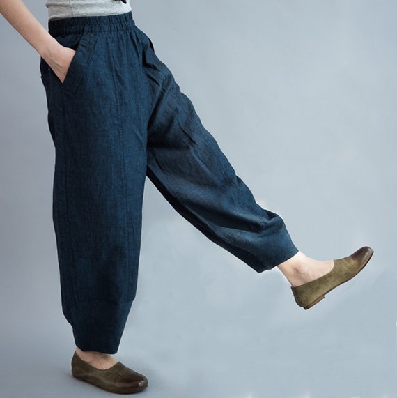 Loose flax elastic waist linen pants/literature and art /linen pants ...